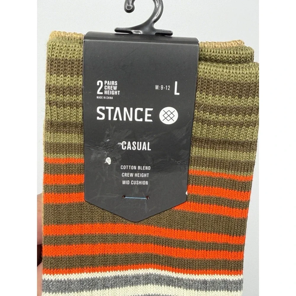 Stance Casual 2 Pack Socks Green Orange Stripe Crew Mid Cushion Mens L NWT